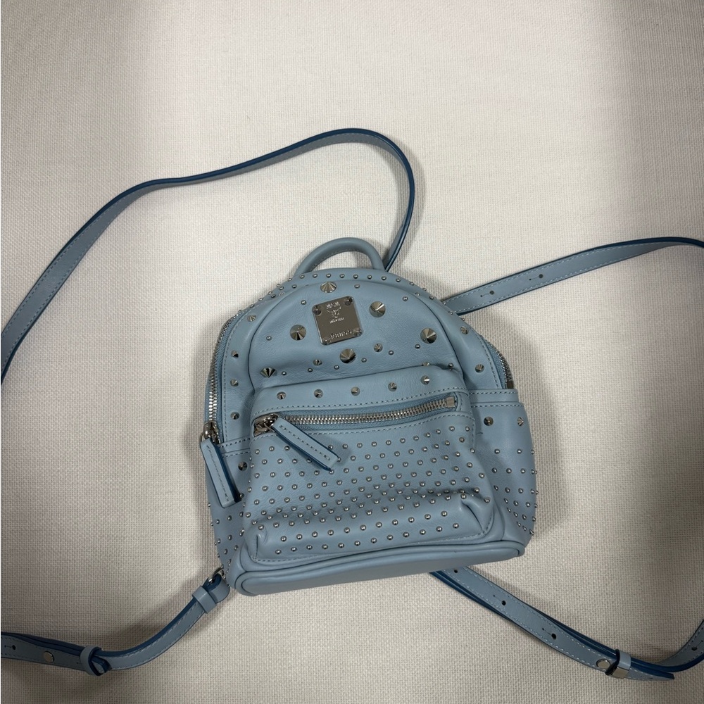 MCM Light Blue Studded Mini Backpack
